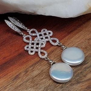 Stunning White Rhodium Earrings White Topaz Natural Coin Pearl